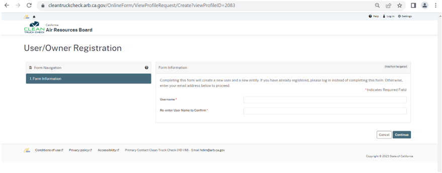 CARB CTC-VIS screenshot: Choose your login email