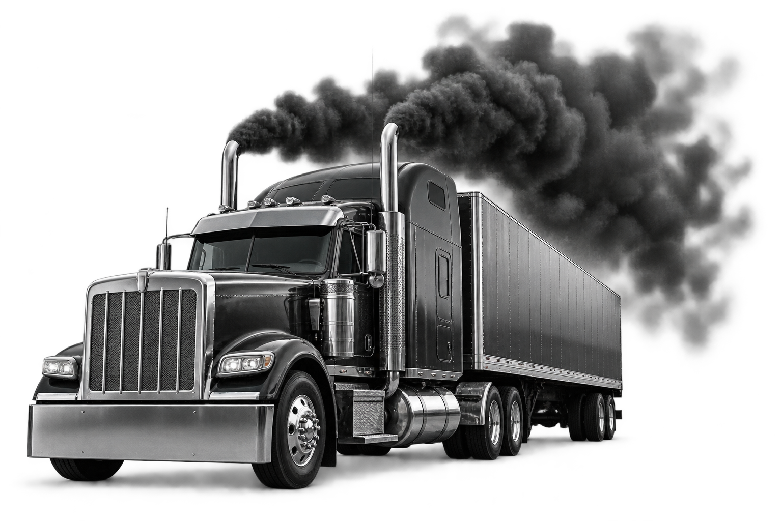 Monochrome semi truck with black exhaust smoke, illustrative emissions campaign