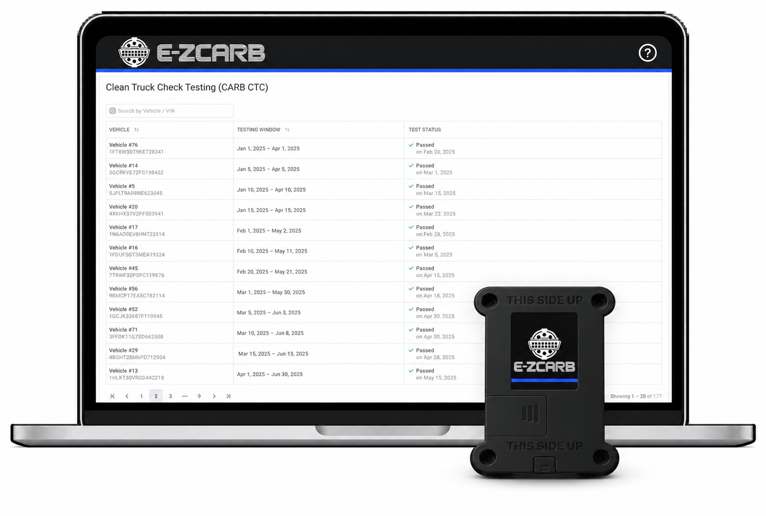 Laptop showing the E-ZCARB vehicle testing portal